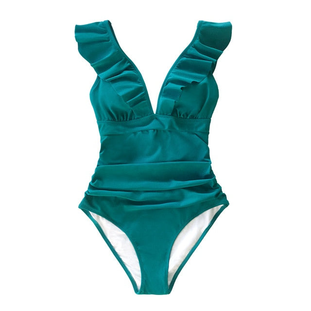 Halter Neck Ruffled Swimsuit - One Piece