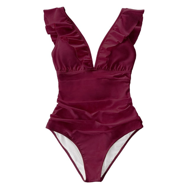 Halter Neck Ruffled Swimsuit - One Piece