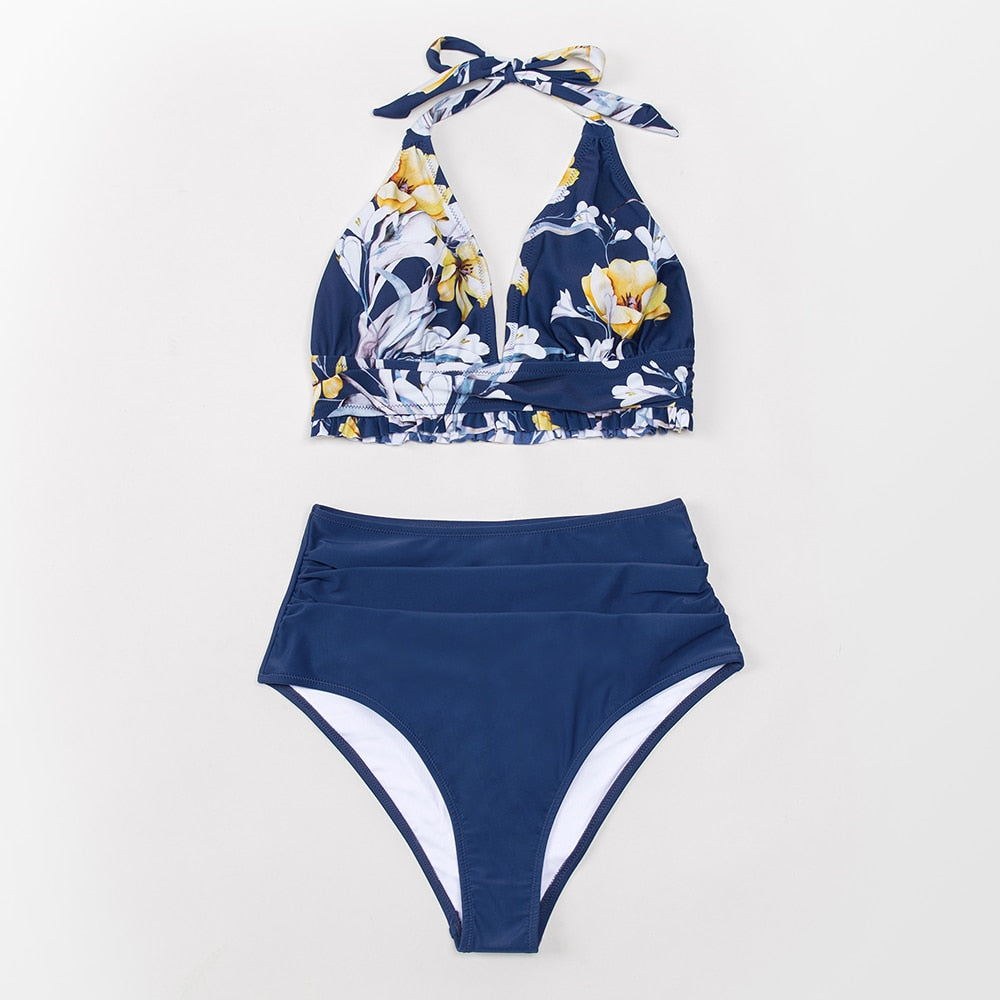 Bikini Anudado con Estampado Floral en Fondo Azul - Cintura Alta