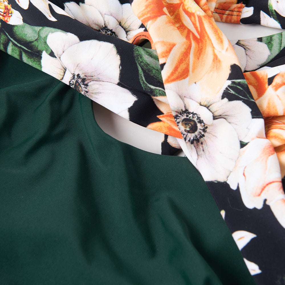 Traje de Baño con Cuello en V Floral y Verde - Una Pieza