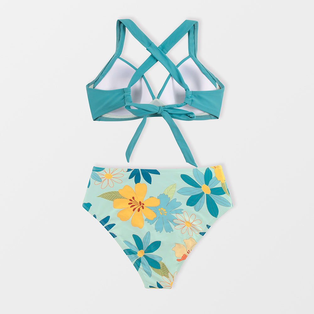 Bikini con Top de Realce Retorcido con Estampado Floral - Cintura Alta