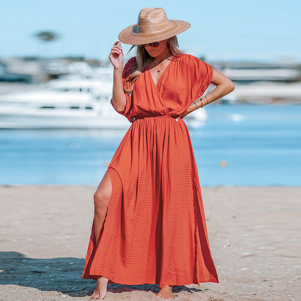 Short Sleeve Ruched Maxi Dress with Elastic Waist