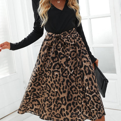 Black Midi Dress with Leopard Belt Long Sleeve