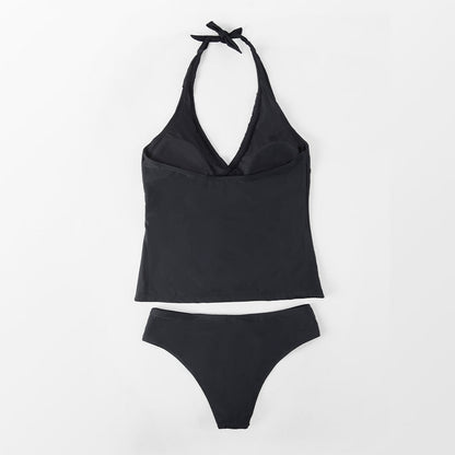 Black Halter Tankini with Ruffles and Hipster Set - Low Waist