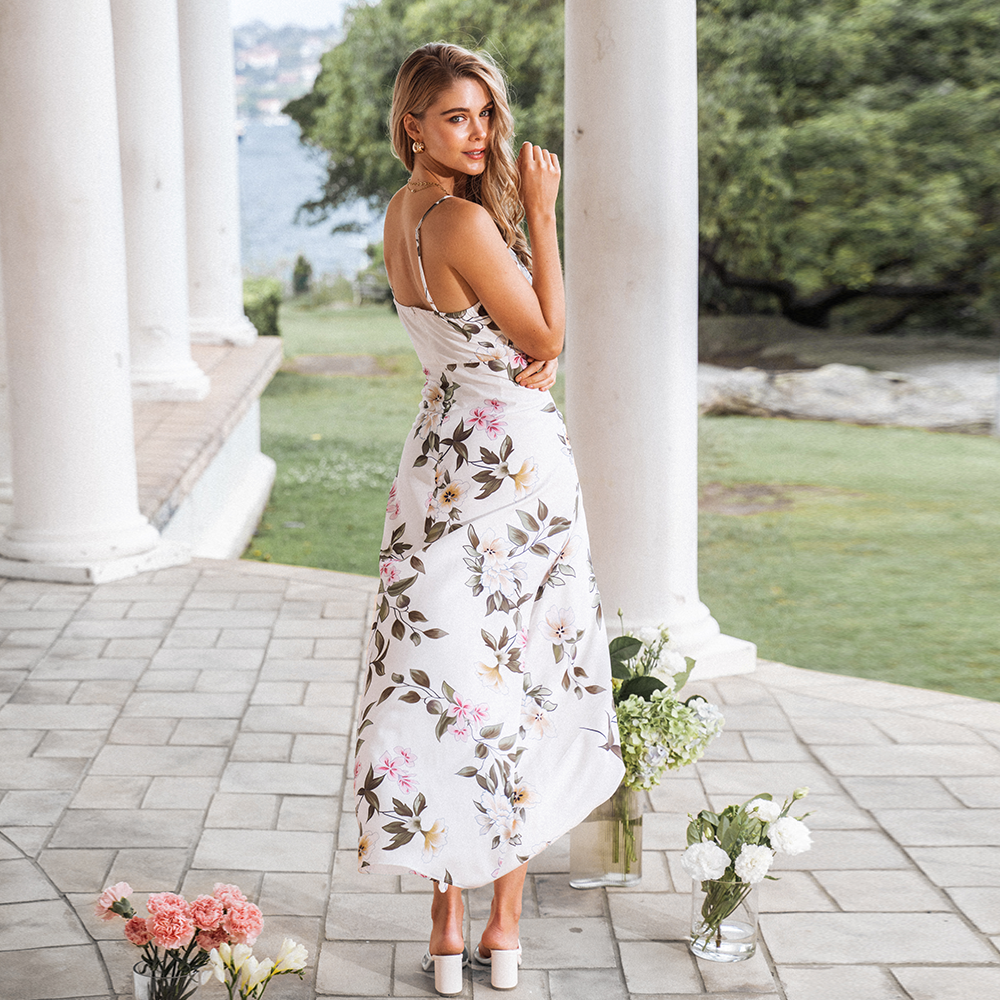 White Maxi Dress with Floral Print and V Neck