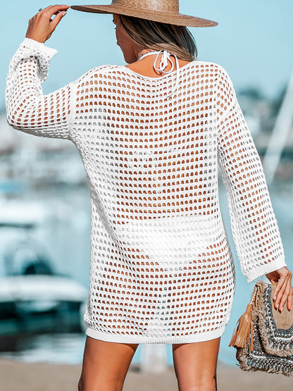White Crochet Knitted Beach Dress for Women and Round Neck
