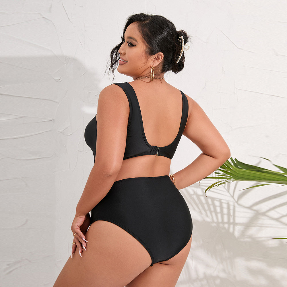 Black Mesh V Neck Mid Waist Bikini Plus Size