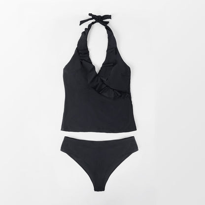 Black Halter Tankini with Ruffles and Hipster Set - Low Waist