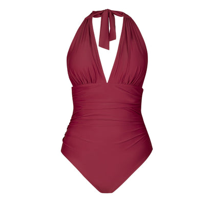 Traje de Baño Rojo Vino Bianca con Control de Barriga Halter - Una Pieza