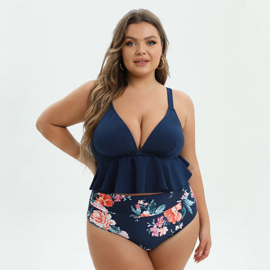 Blue High Waist Tankini Swimsuit with Floral Ruffles - Large Size
