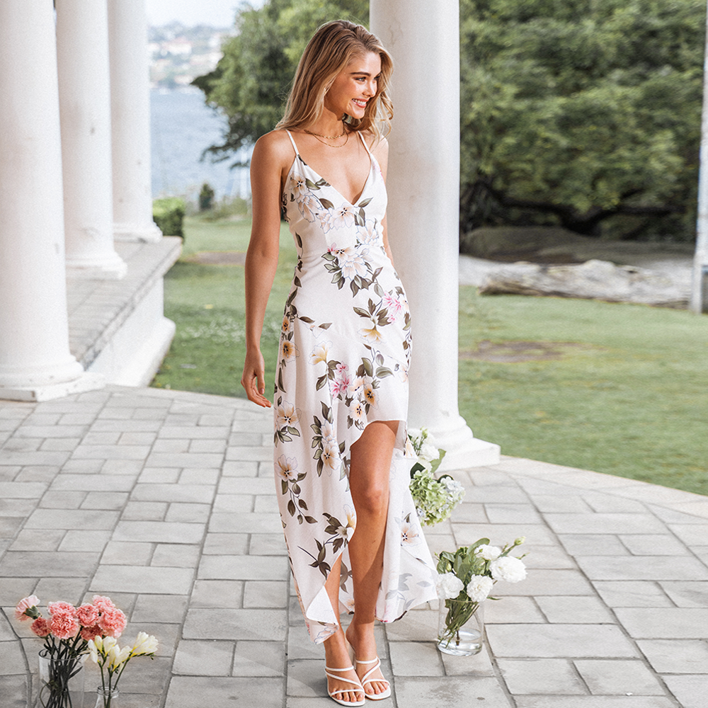 White Maxi Dress with Floral Print and V Neck