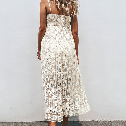 Bordo White V-Neck Lace Maxi Dress