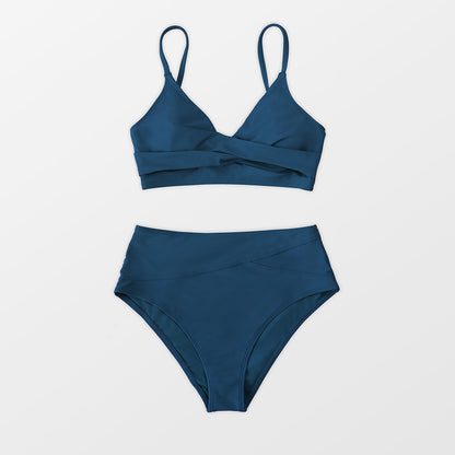 Dark Blue Marsala Twist Wrap Bikini with Adjustable Straps - High Waist