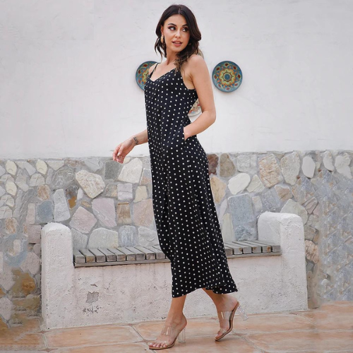 Long Dress with Polka Dot Print and Pockets