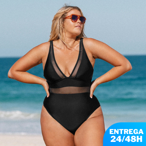 Solid Mesh Panel One Piece Swimsuit - Plus Size