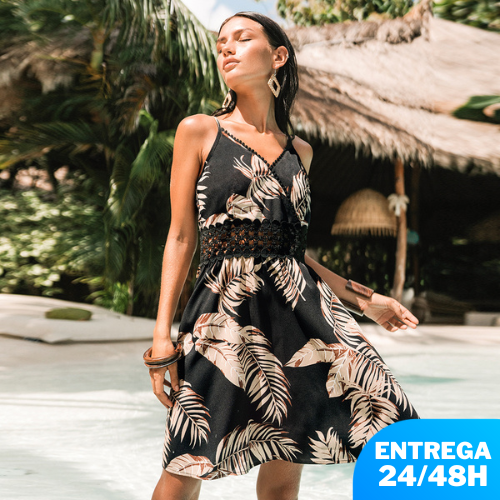 Vestido Corto de Encaje con Estampado de Hojas Tropicales y Tirantes Finos