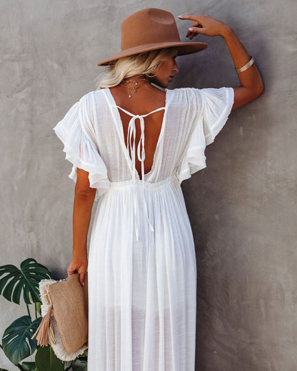 White Long Buttoned Beach Dress with Ruffle Sleeves