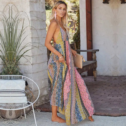 Long Bohemian Print Dress with V-Neck and Thin Straps