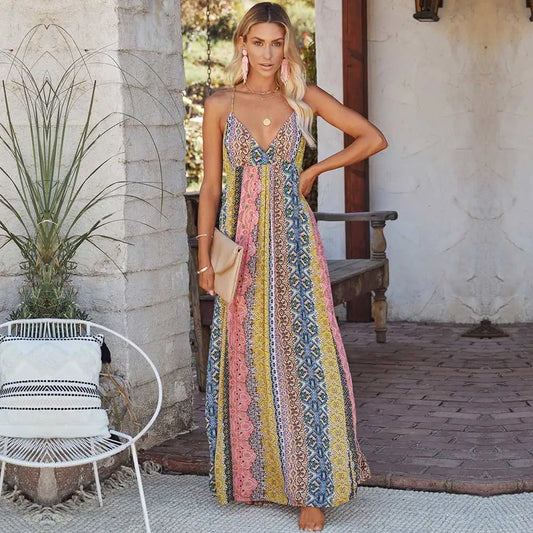 Long Bohemian Print Dress with V-Neck and Thin Straps