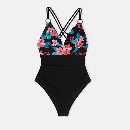 Romantic Black Floral O-Ring Swimsuit - One Piece