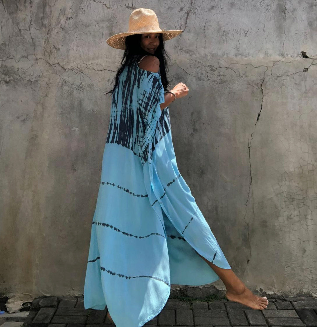 Cover-Up Boho Printed with Fringes Long Kimono Carfigan in Light Blue Background