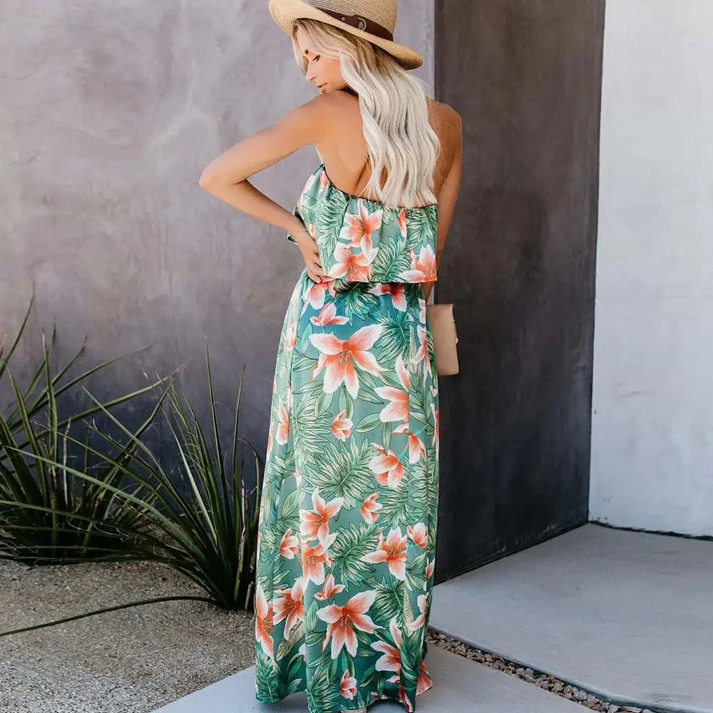 Tropical Jungle Printed Dress with Off Shoulders and Slit