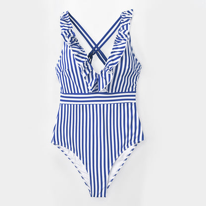 White and Blue Striped Swimsuit with Ruffles - One Piece