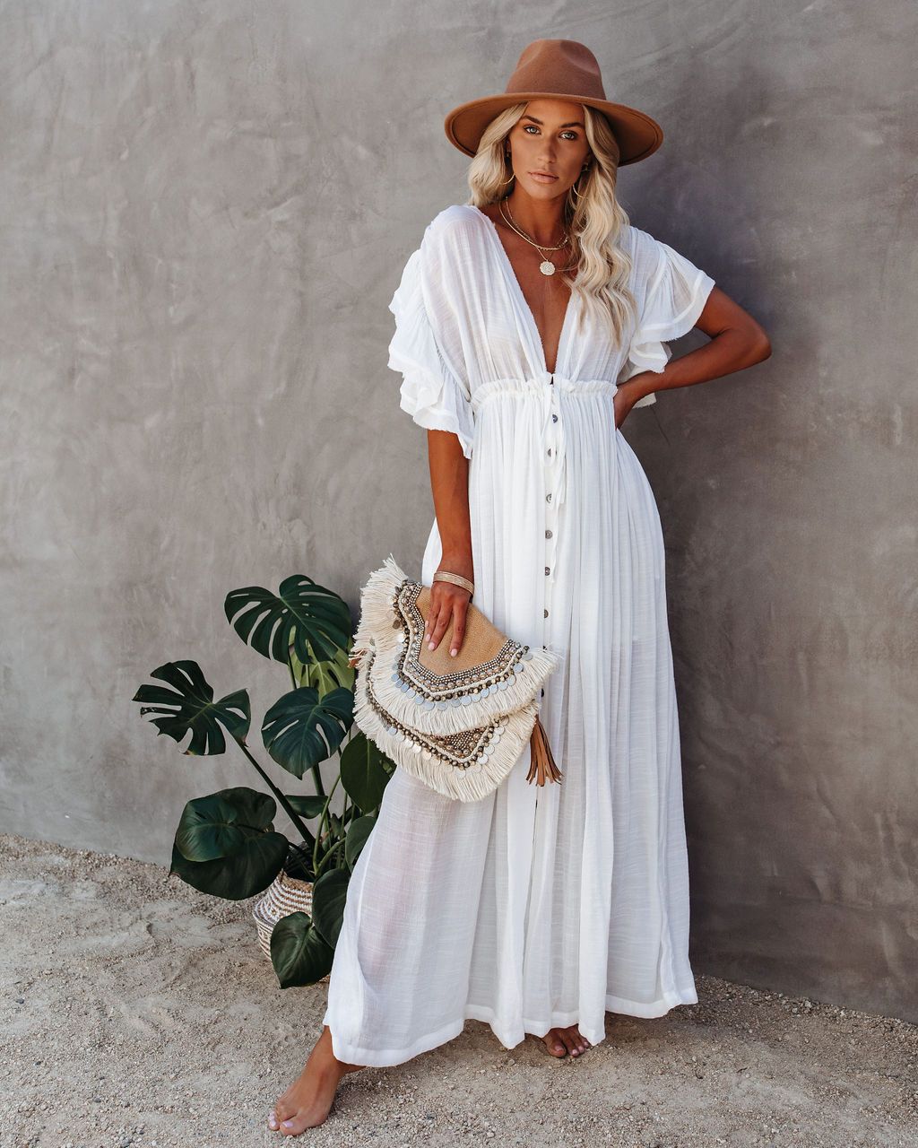 White Long Buttoned Beach Dress with Ruffle Sleeves