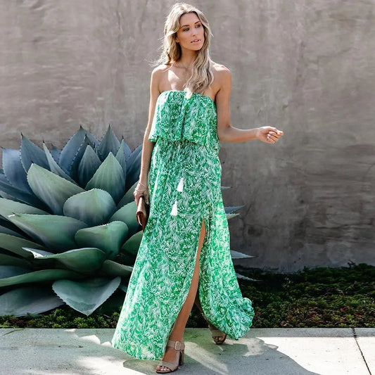 Long Green Dress with Leaf Print and Off Shoulder