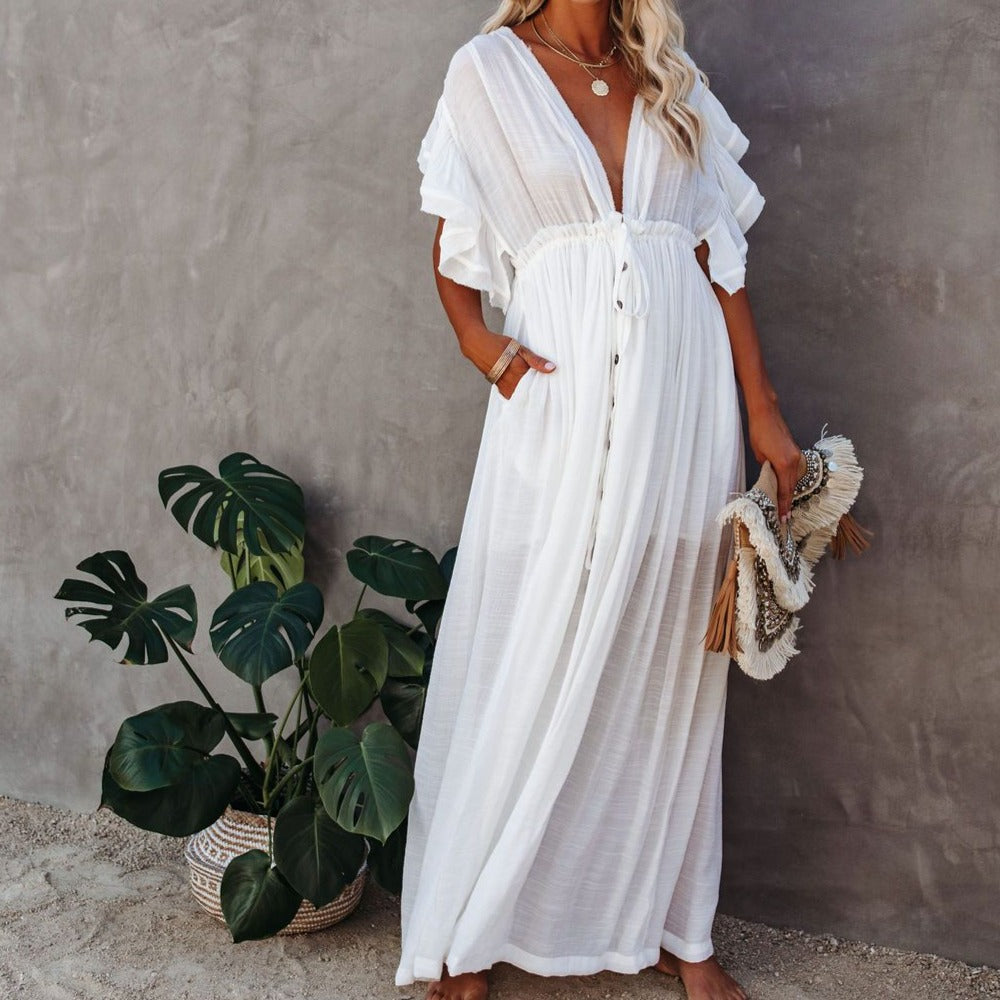 White Long Buttoned Beach Dress with Ruffle Sleeves