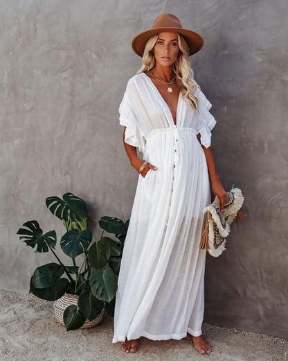 White Long Buttoned Beach Dress with Ruffle Sleeves