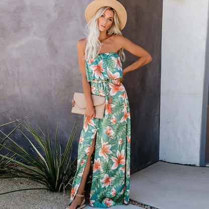 Tropical Jungle Printed Dress with Off Shoulders and Slit