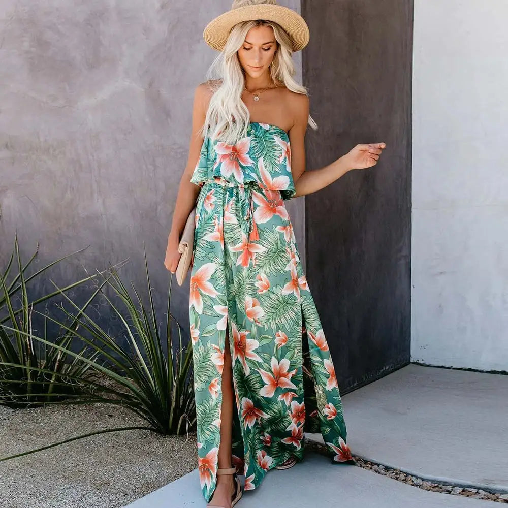 Tropical Jungle Printed Dress with Off Shoulders and Slit