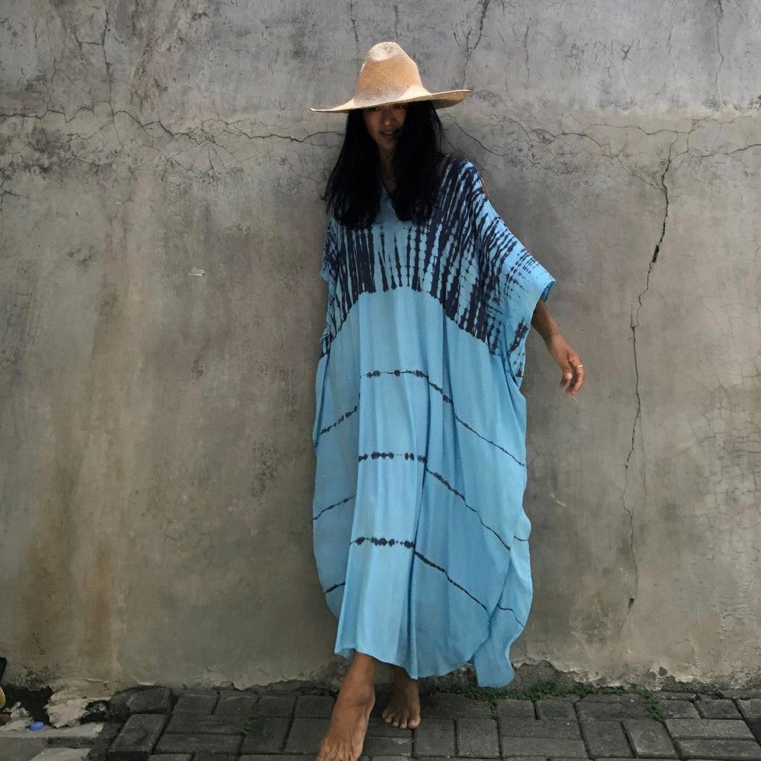 Cover-Up Boho Printed with Fringes Long Kimono Carfigan in Light Blue Background