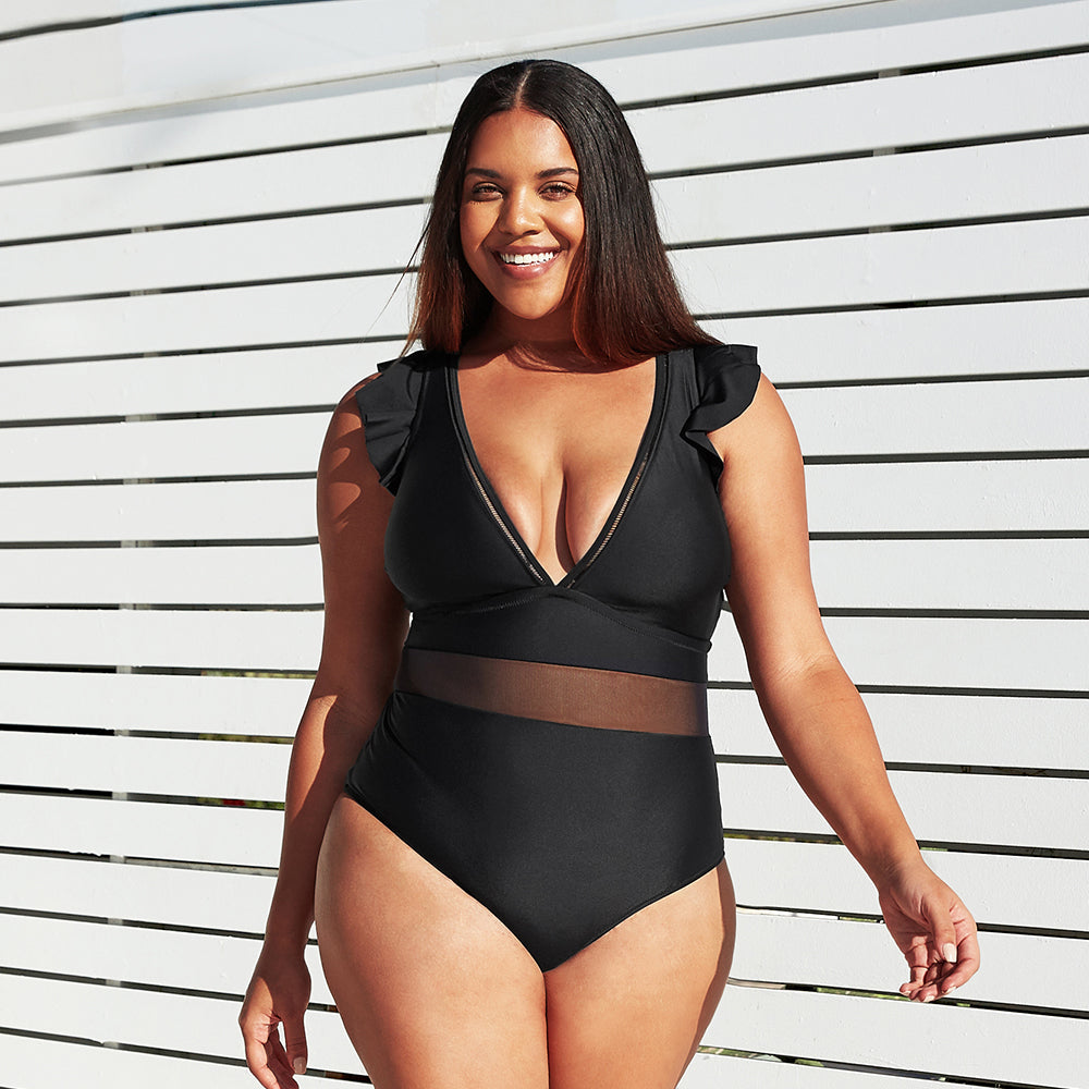 Black Mesh Swimsuit with V-Neck and Ruffle Sleeve - Large Size