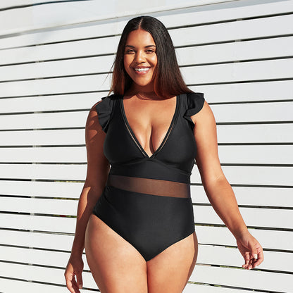 Black Mesh Swimsuit with V-Neck and Ruffle Sleeve - Large Size
