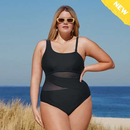 Black Mesh One Shoulder Slim Swimsuit - Plus Size