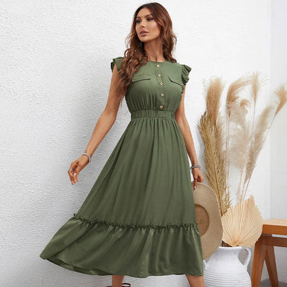 Vestido Verde Olivo Largo con Botones y Cintura Elástica