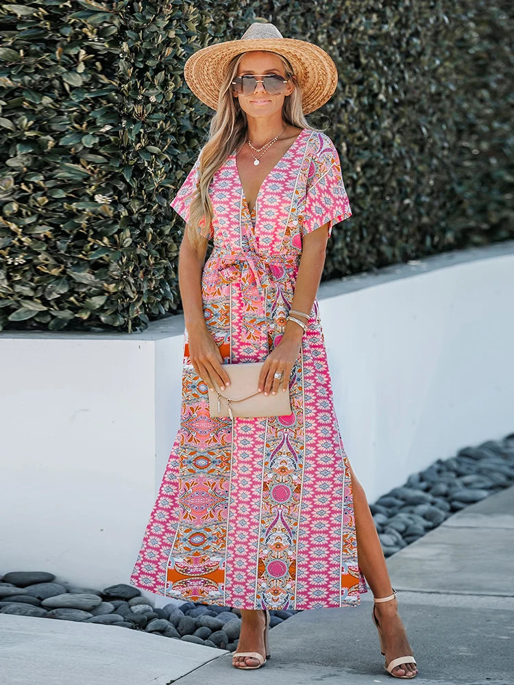 Paisley Floral Print Belted Short Sleeve Maxi Dress