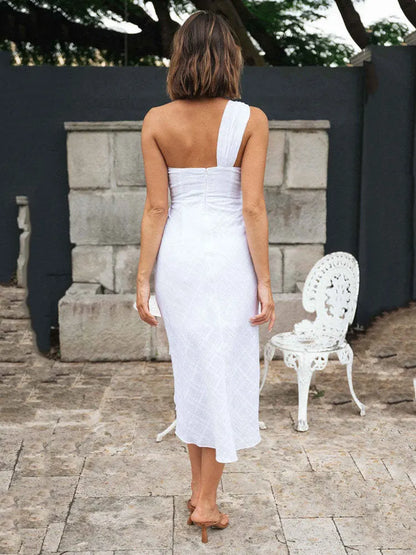 White Summer Midi Dress with Ruffles and One Shoulder