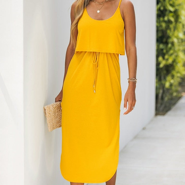 Mustard yellow spaghetti top strap dress