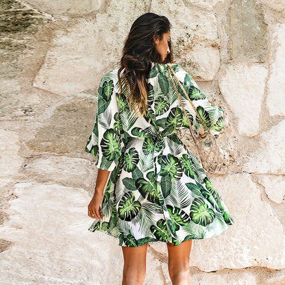 Tropical Leaf Lace Half Sleeve Mini Dress