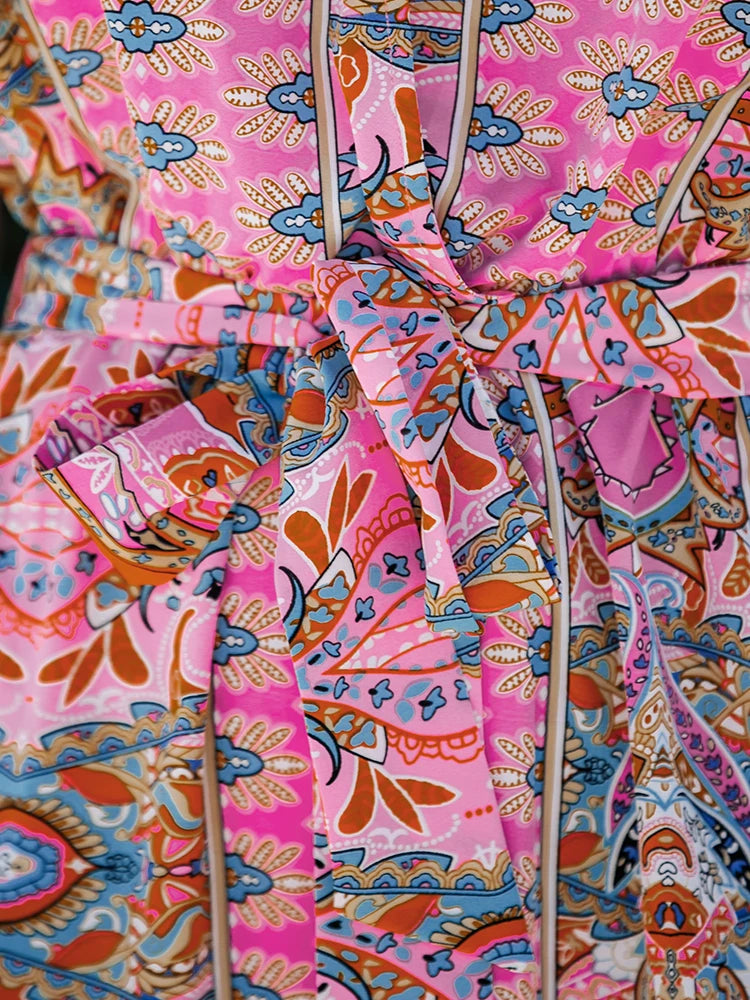 Vestido Largo de Manga Corta con Cinturón y Estampado Floral de Cachemir