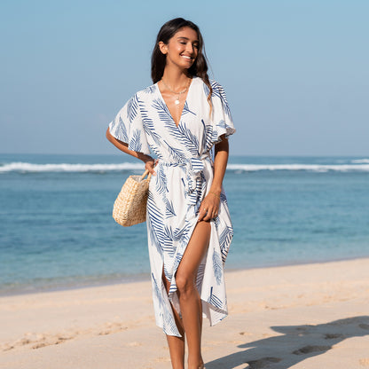 Vestido Midi con Cinturón y Estampado de Hojas