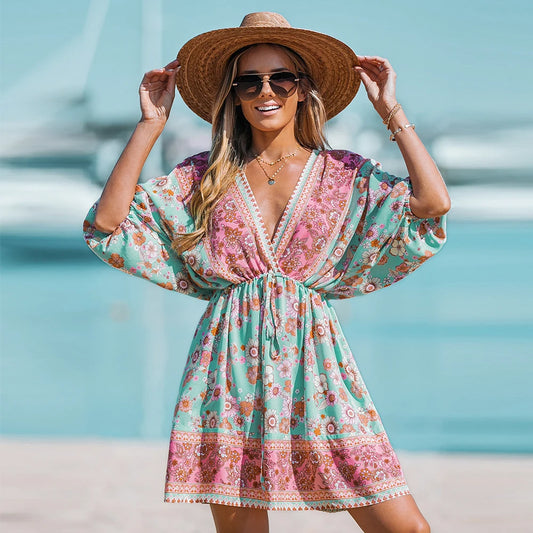 Floral Mini Dress with Drawstring V-Neck and Half Sleeve