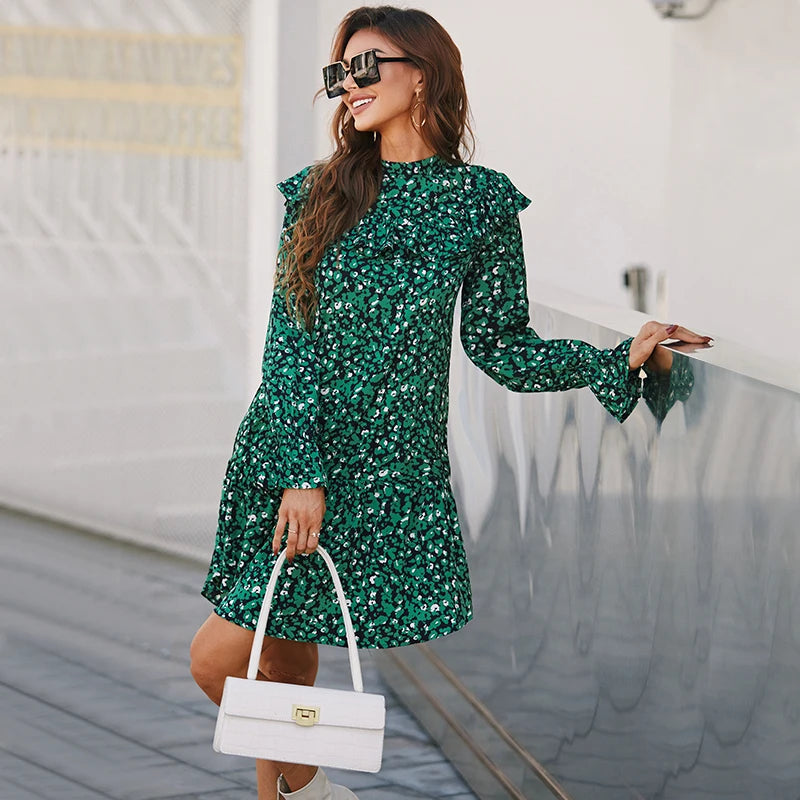 Dark Green Floral Long Sleeve Ruffle Dress – Mocca Beach Store