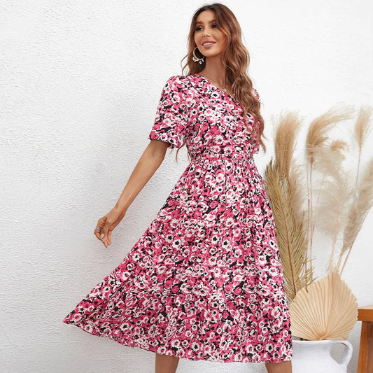 Vestido Midi de Manga Corta con Estampado Floral