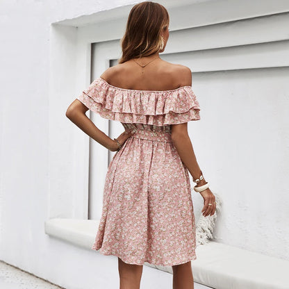 Vestido con Volantes y Hombros Descubiertos de Estampado Floral