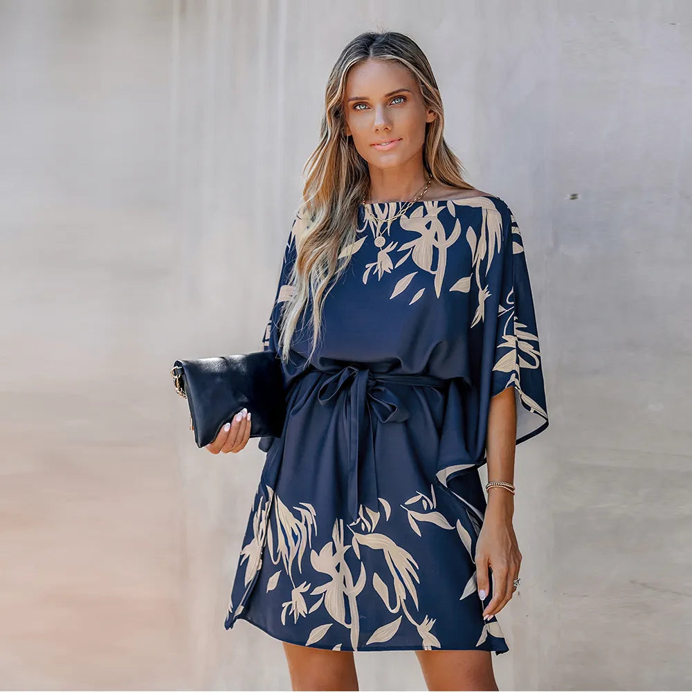 Mini Dress with Belt and One Shoulder with Leaf Print