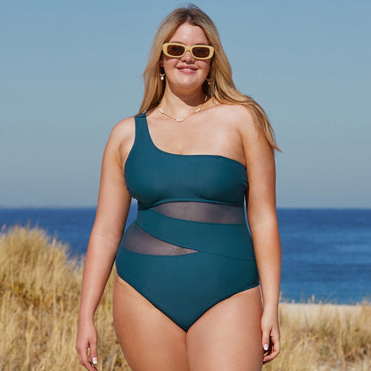 Mesh One Shoulder Slim Swimsuit - Plus Size